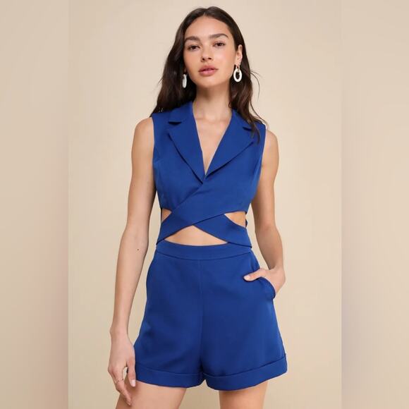 Lulus Posh and Flirty Royal Blue Collared Cutout Sleeveless Romper - Picture 1 of 8